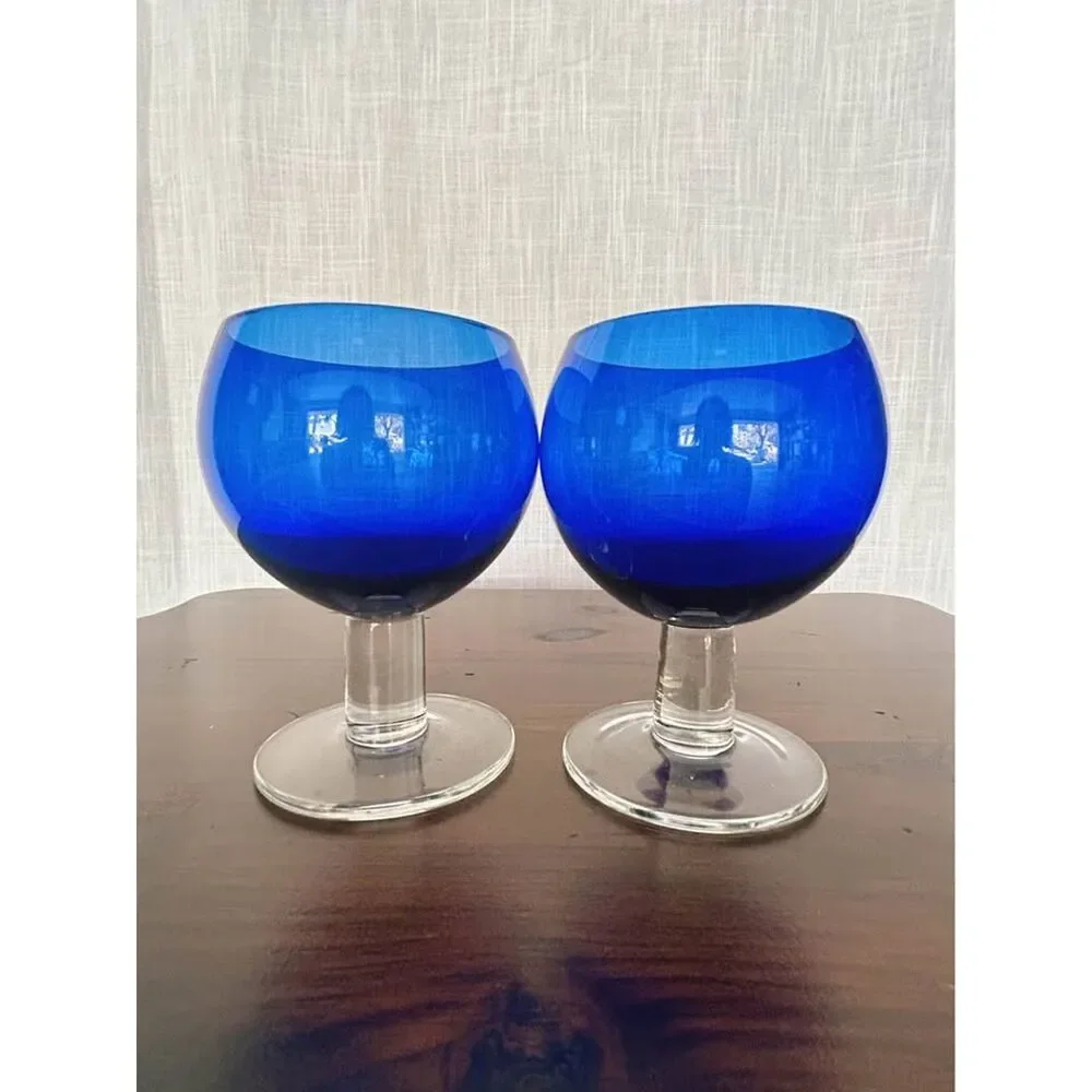 Vintage Crate and Barrel Deena Cobalt Blue Balloon Glass Goblet Vase 90s Retired